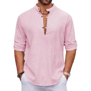 imageCOOFANDY Mens Cotton Linen Henley Shirt Casual Beach Hippie Shirts Long Sleeve TShirtsPink