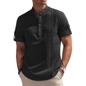 imageCOOFANDY Mens Cotton Linen Henley Shirt Short Sleeve Hippie Casual Band Collar Summer Beach TShirtsBlack