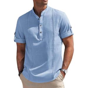 imageCOOFANDY Mens Cotton Linen Henley Shirt Short Sleeve Hippie Casual Band Collar Summer Beach TShirtsBlue
