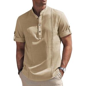 imageCOOFANDY Mens Cotton Linen Henley Shirt Short Sleeve Hippie Casual Band Collar Summer Beach TShirtsKhaki