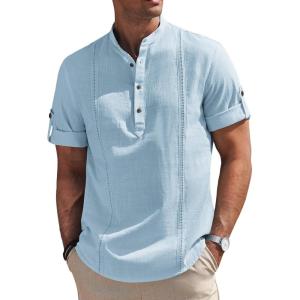 imageCOOFANDY Mens Cotton Linen Henley Shirt Short Sleeve Hippie Casual Band Collar Summer Beach TShirtsLight Blue