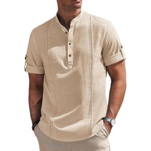 imageCOOFANDY Mens Cotton Linen Henley Shirt Short Sleeve Hippie Casual Band Collar Summer Beach TShirtsLight Khaki