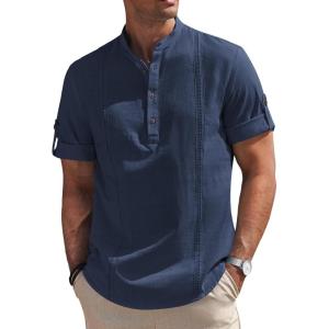 imageCOOFANDY Mens Cotton Linen Henley Shirt Short Sleeve Hippie Casual Band Collar Summer Beach TShirtsNavy Blue