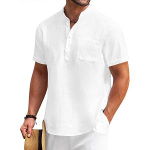 imageCOOFANDY Mens Cotton Linen Henley Shirt Short Sleeve Hippie Casual Beach TShirts with Pocket01white
