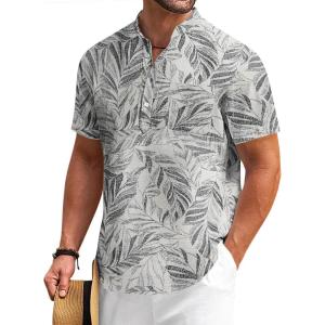 imageCOOFANDY Mens Cotton Linen Henley Shirt Short Sleeve Hippie Casual Beach TShirts with PocketApricot Black  Plant Leaves