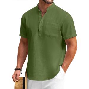 imageCOOFANDY Mens Cotton Linen Henley Shirt Short Sleeve Hippie Casual Beach TShirts with PocketArmy Green