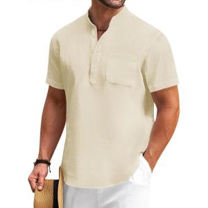 imageCOOFANDY Mens Cotton Linen Henley Shirt Short Sleeve Hippie Casual Beach TShirts with PocketBeige