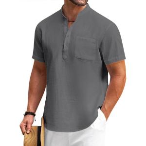imageCOOFANDY Mens Cotton Linen Henley Shirt Short Sleeve Hippie Casual Beach TShirts with PocketDark Grey