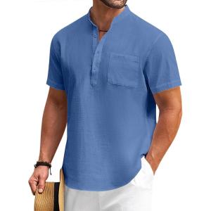 imageCOOFANDY Mens Cotton Linen Henley Shirt Short Sleeve Hippie Casual Beach TShirts with PocketDenim Blue
