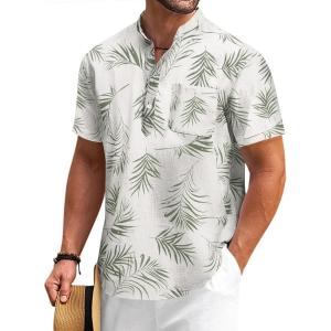 imageCOOFANDY Mens Cotton Linen Henley Shirt Short Sleeve Hippie Casual Beach TShirts with PocketGreen Leaf