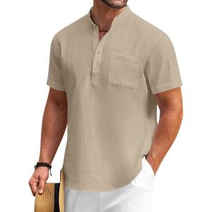 imageCOOFANDY Mens Cotton Linen Henley Shirt Short Sleeve Hippie Casual Beach TShirts with PocketKhaki
