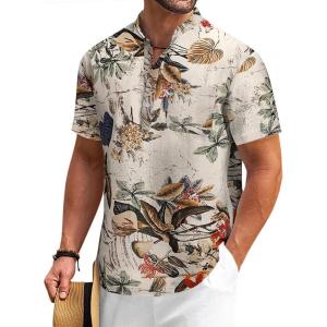 imageCOOFANDY Mens Cotton Linen Henley Shirt Short Sleeve Hippie Casual Beach TShirts with PocketKhaki Floral