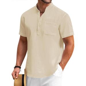 imageCOOFANDY Mens Cotton Linen Henley Shirt Short Sleeve Hippie Casual Beach TShirts with PocketLight Khaki