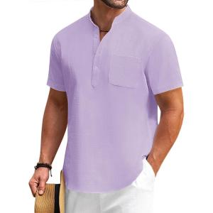 imageCOOFANDY Mens Cotton Linen Henley Shirt Short Sleeve Hippie Casual Beach TShirts with PocketLight Purple