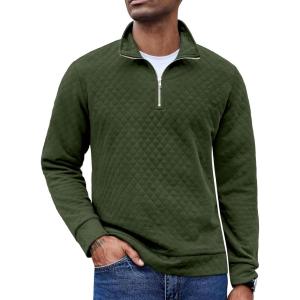 imageCOOFANDY Mens Fashion Quarter Zip Pullover Long Sleeve Quilted Sweatshirt Plaid Jacquard Polo Mock Neck SweatersArmy Green