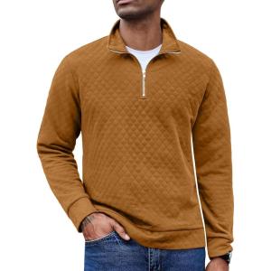 imageCOOFANDY Mens Fashion Quarter Zip Pullover Long Sleeve Quilted Sweatshirt Plaid Jacquard Polo Mock Neck SweatersCaramel