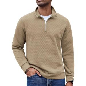 imageCOOFANDY Mens Fashion Quarter Zip Pullover Long Sleeve Quilted Sweatshirt Plaid Jacquard Polo Mock Neck SweatersKhaki