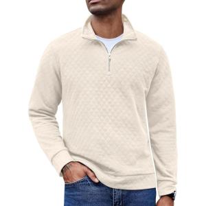 imageCOOFANDY Mens Fashion Quarter Zip Pullover Long Sleeve Quilted Sweatshirt Plaid Jacquard Polo Mock Neck SweatersWhite