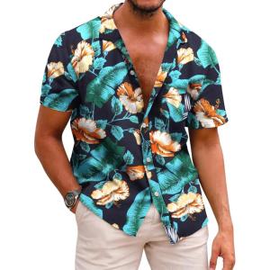 imageCOOFANDY Mens Hawaiian Shirts Short Sleeve Casual Button Down Tropical Beach ShirtBlack  Green Leaf