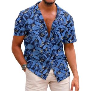 imageCOOFANDY Mens Hawaiian Shirts Short Sleeve Casual Button Down Tropical Beach ShirtBlack  Royal Blue Leaf