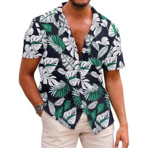 imageCOOFANDY Mens Hawaiian Shirts Short Sleeve Casual Button Down Tropical Beach ShirtBlack  White Green Leaf