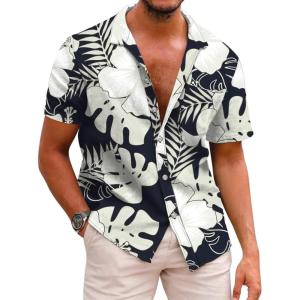 imageCOOFANDY Mens Hawaiian Shirts Short Sleeve Casual Button Down Tropical Beach ShirtBlack  White Leaf