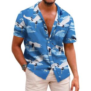 imageCOOFANDY Mens Hawaiian Shirts Short Sleeve Casual Button Down Tropical Beach ShirtBlue  White Crane