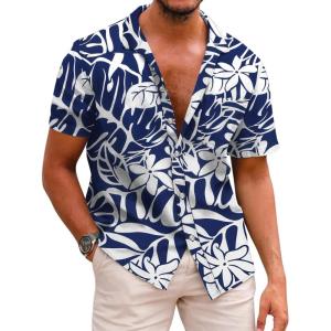 imageCOOFANDY Mens Hawaiian Shirts Short Sleeve Casual Button Down Tropical Beach ShirtBlue  White Floral
