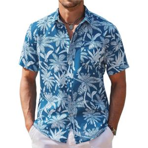 imageCOOFANDY Mens Hawaiian Shirts Short Sleeve Casual Button Down Tropical Beach ShirtBlue  White Plam Leaf