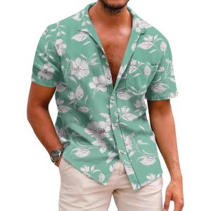 imageCOOFANDY Mens Hawaiian Shirts Short Sleeve Casual Button Down Tropical Beach ShirtLight Green  White Floral