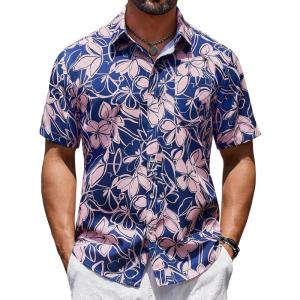 imageCOOFANDY Mens Hawaiian Shirts Short Sleeve Casual Button Down Tropical Beach ShirtNavy Blue  Pink Floral