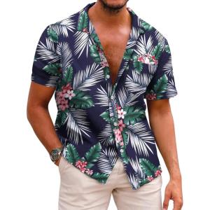 imageCOOFANDY Mens Hawaiian Shirts Short Sleeve Casual Button Down Tropical Beach ShirtNavy Blue  Plam Leaf