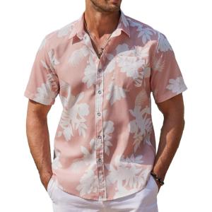imageCOOFANDY Mens Hawaiian Shirts Short Sleeve Casual Button Down Tropical Beach ShirtPink  White Floral