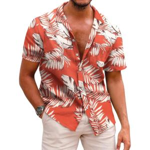 imageCOOFANDY Mens Hawaiian Shirts Short Sleeve Casual Button Down Tropical Beach ShirtRed  Leaf