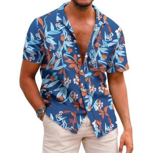 imageCOOFANDY Mens Hawaiian Shirts Short Sleeve Casual Button Down Tropical Beach ShirtRoyal Blue  Red Leaf