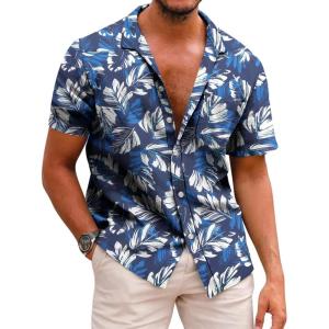 imageCOOFANDY Mens Hawaiian Shirts Short Sleeve Casual Button Down Tropical Beach ShirtRoyal Blue  White Leaf