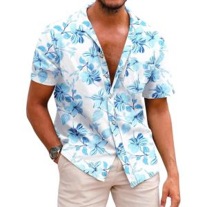 imageCOOFANDY Mens Hawaiian Shirts Short Sleeve Casual Button Down Tropical Beach ShirtWhite  Light Blue Floral