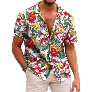 imageCOOFANDY Mens Hawaiian Shirts Short Sleeve Casual Button Down Tropical Beach ShirtWhite  Red Floral