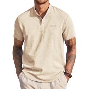 imageCOOFANDY Mens Henley Shirts Band Collar Short Sleeve TShirts Casual Summer Beach Shirt Hippie Fashion Hawaiian ShirtBeige