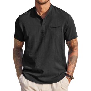 imageCOOFANDY Mens Henley Shirts Band Collar Short Sleeve TShirts Casual Summer Beach Shirt Hippie Fashion Hawaiian ShirtBlack