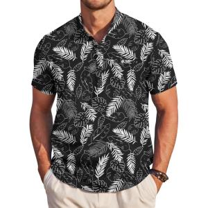 imageCOOFANDY Mens Henley Shirts Band Collar Short Sleeve TShirts Casual Summer Beach Shirt Hippie Fashion Hawaiian ShirtBlack Palm Leaves