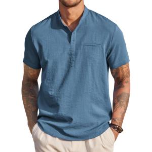imageCOOFANDY Mens Henley Shirts Band Collar Short Sleeve TShirts Casual Summer Beach Shirt Hippie Fashion Hawaiian ShirtDark Blue