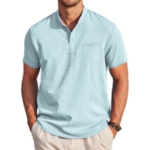 imageCOOFANDY Mens Henley Shirts Band Collar Short Sleeve TShirts Casual Summer Beach Shirt Hippie Fashion Hawaiian ShirtGreen Blue