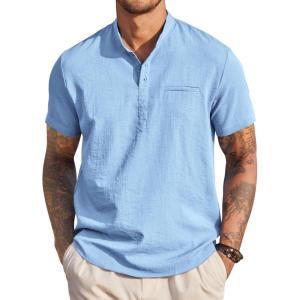 imageCOOFANDY Mens Henley Shirts Band Collar Short Sleeve TShirts Casual Summer Beach Shirt Hippie Fashion Hawaiian ShirtLight Blue