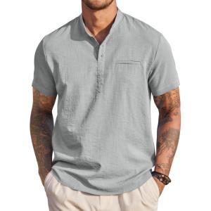 imageCOOFANDY Mens Henley Shirts Band Collar Short Sleeve TShirts Casual Summer Beach Shirt Hippie Fashion Hawaiian ShirtLight Gray