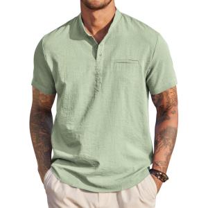 imageCOOFANDY Mens Henley Shirts Band Collar Short Sleeve TShirts Casual Summer Beach Shirt Hippie Fashion Hawaiian ShirtLight Green