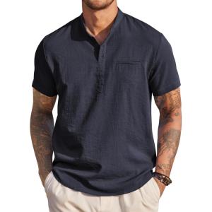 imageCOOFANDY Mens Henley Shirts Band Collar Short Sleeve TShirts Casual Summer Beach Shirt Hippie Fashion Hawaiian ShirtNavy Blue