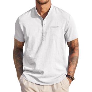 imageCOOFANDY Mens Henley Shirts Band Collar Short Sleeve TShirts Casual Summer Beach Shirt Hippie Fashion Hawaiian ShirtWhite