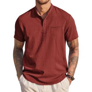 imageCOOFANDY Mens Henley Shirts Band Collar Short Sleeve TShirts Casual Summer Beach Shirt Hippie Fashion Hawaiian ShirtWine Red