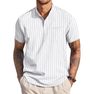 imageCOOFANDY Mens Henley Shirts Band Collar Short Sleeve TShirts Casual Summer Beach Shirt Hippie Fashion Hawaiian ShirtZstripes  White